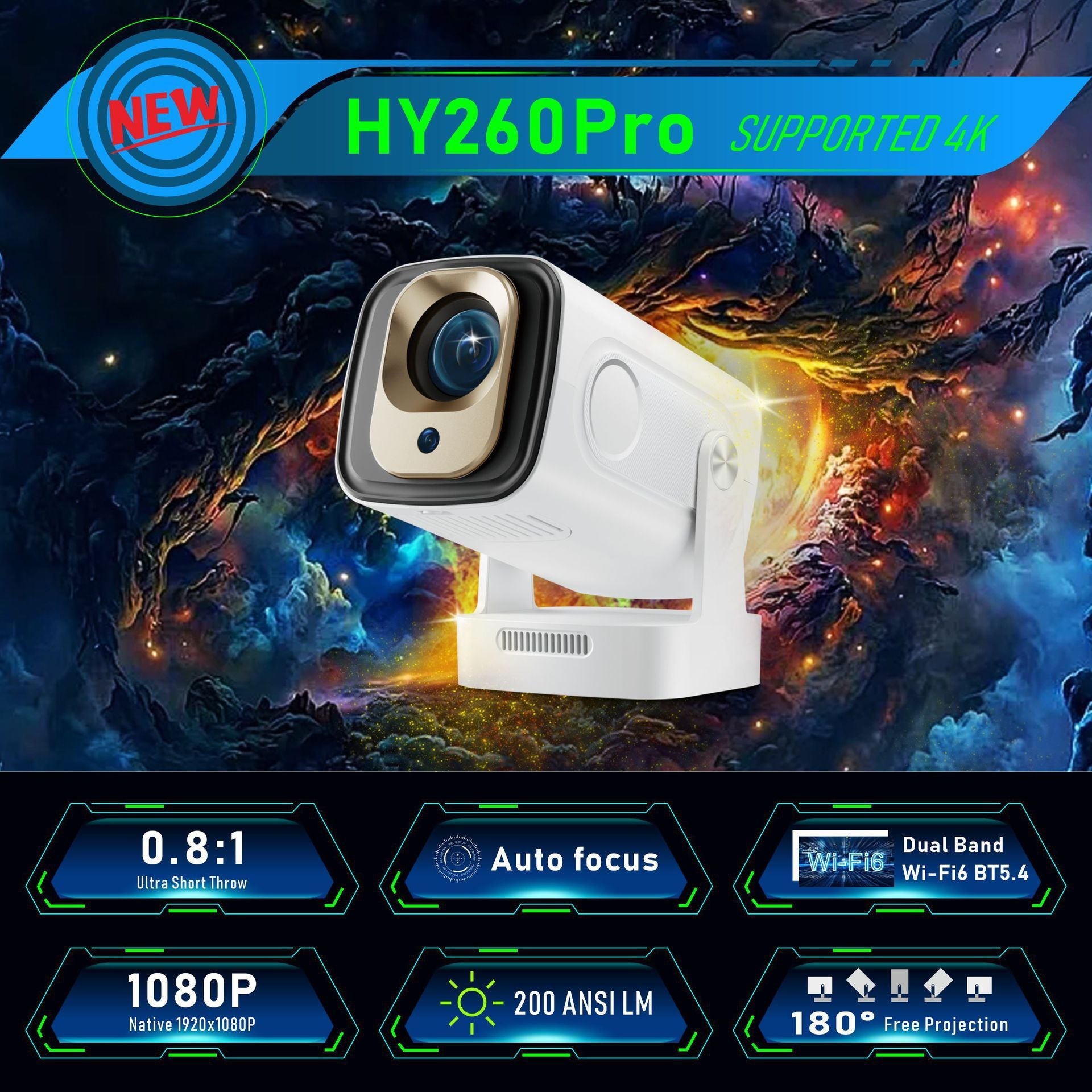 Hy260Pro Projector H713 Android 11 Smart HD 4K Auto Focus Barrel Projector - Tower Exclusives